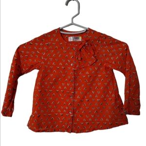 Zara Baby orange with gray hearts top button down with flap and bow long sleeve